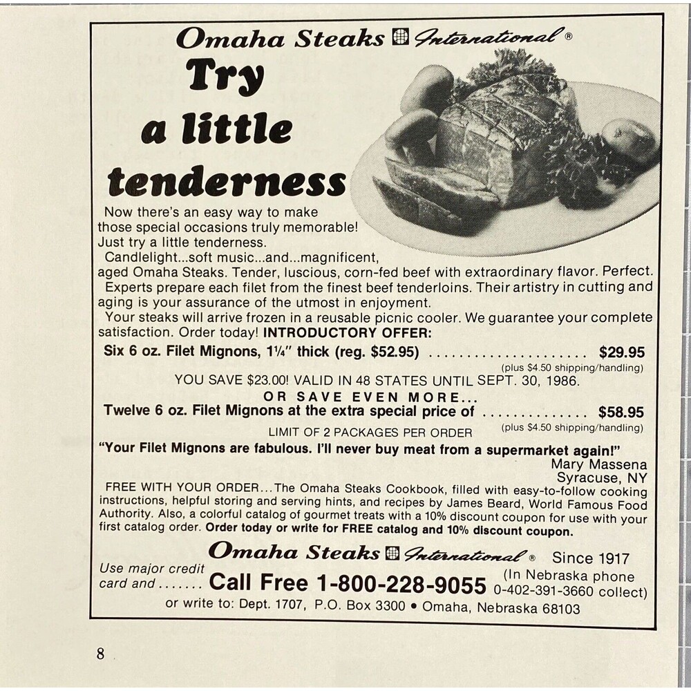 Omaha Steaks "Try a little tenderness" Omaha, Nebraska Vintage Print Ad 1986